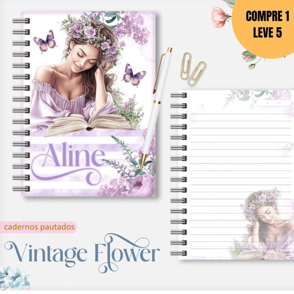 Arquivo Digital Vintage Flowers 7 Caderno A5 -2921