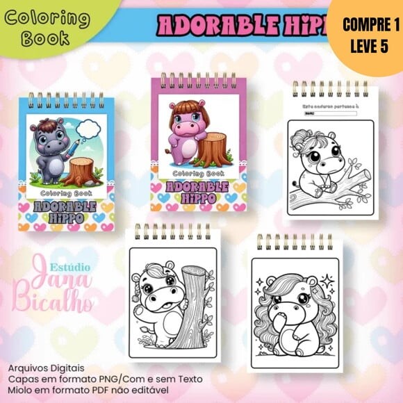Arquivo Digital Adorable Hippo Livros de Colorir -3276