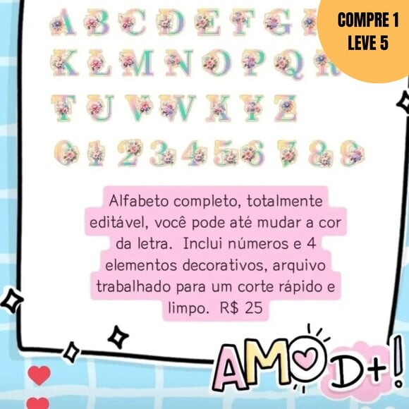 Arquivo Digital Alfabeto Floral Topo de Bolo -1502