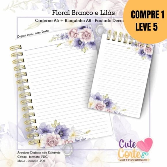 Arquivo Digital Caderno Pautado A5 + Bloco Branco e Lilás