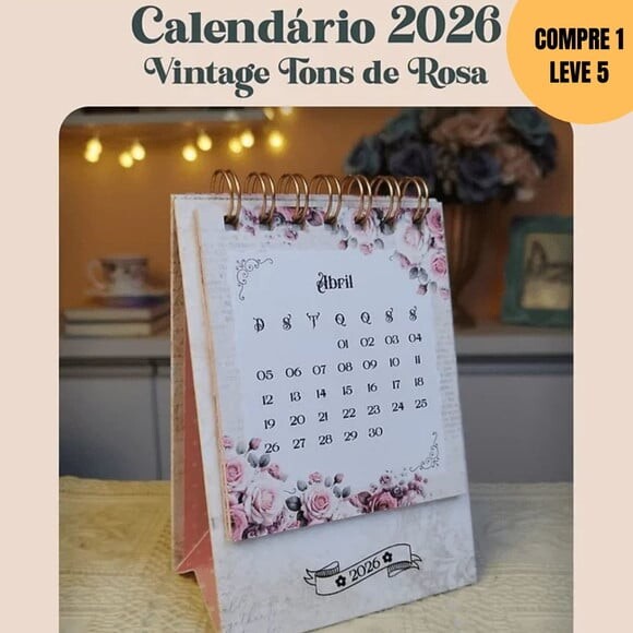 Arquivo Digital Calendário 2026 Vintage Tons de Rosa -4471