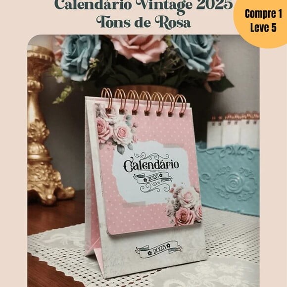Arquivo Digital Calendário Vintage 2025 Tons de Rosa -562