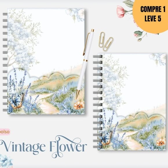 Arquivo Digital Vintage Flowers 4 Caderno A5 -2913