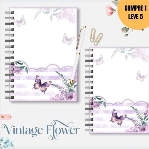 Arquivo Digital Vintage Flowers 7 Caderno A5 -2921