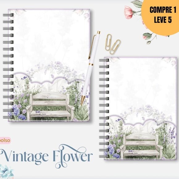Arquivo Digital Vintage Flowers 6 Caderno A5 -2919