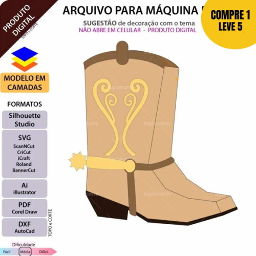 Arquivo de Corte Bota Cowboy 3d Topo de Bolo -81