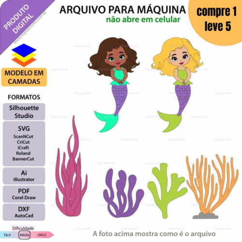 Arquivo de Corte Sereia Menina Topo de Bolo -1432