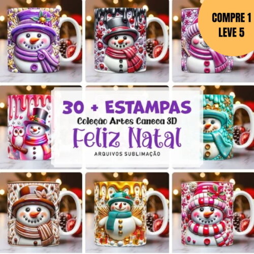 Arquivo Digital 30 Artes Caneca Boneco de Neve Inflados 6001