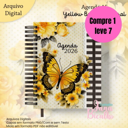 Arquivo Digital Agenda A5 Yellow Butterfly Floral -6455