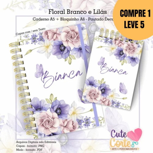 Arquivo Digital Caderno Pautado A5 + Bloco Branco e Lilás