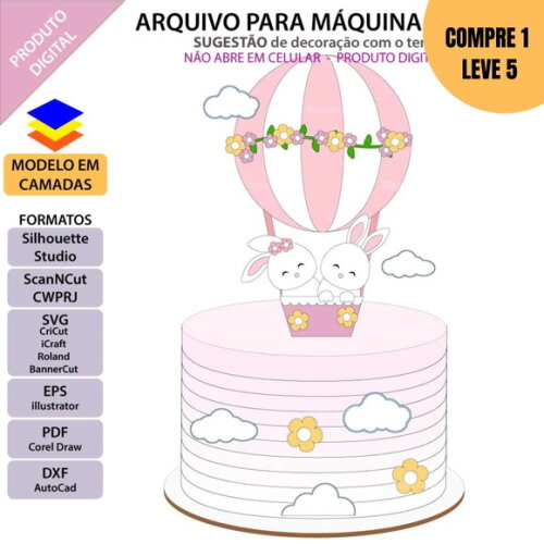 Arquivo Digital Coelhinhos no Balão Topo de Bolo -2110