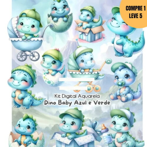 Arquivo Digital Dino Baby Azul Aquarela Kit Digital -3817