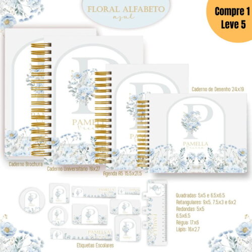 Arquivo Digital Floral Alfabeto Azul Kit Escolar 2025 -1088