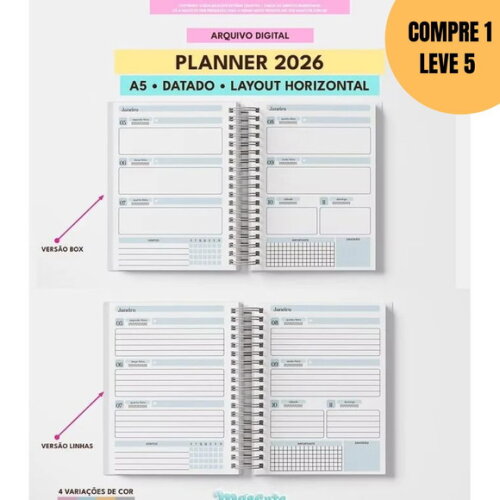 Arquivo Digital Planner Datado 2026 A5 Horizontal -4703