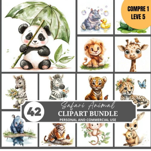 Arquivo Digital Safari Animais Aquarela Kit Digital -4019