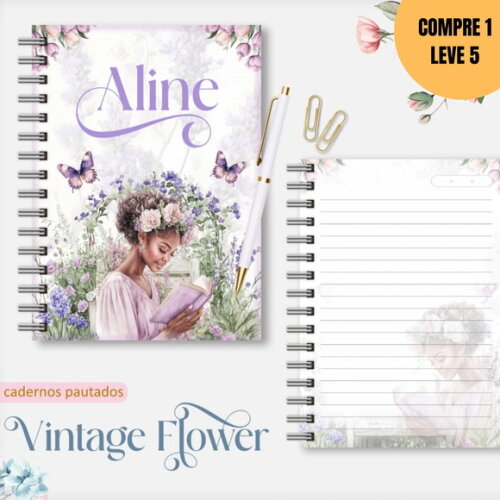 Arquivo Digital Vintage Flowers 6 Caderno A5 -2919