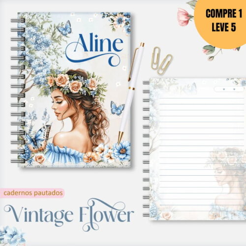 Arquivo Digital Vintage Flowers 5 Caderno A5 -2918