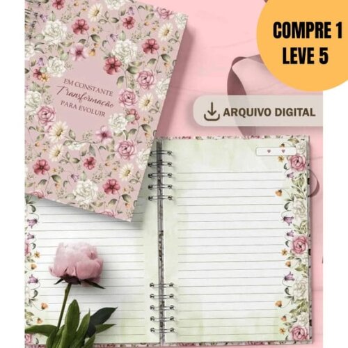 Arquivo Digital 5 Capas e 5 Miolos Pautado Coleção Flores