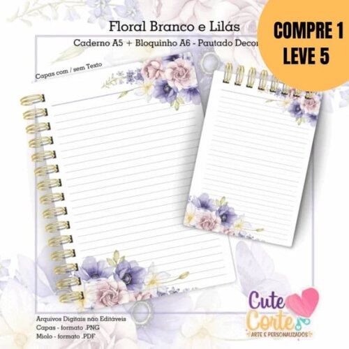 Arquivo Digital Caderno Pautado A5 + Bloco Branco e Lilás