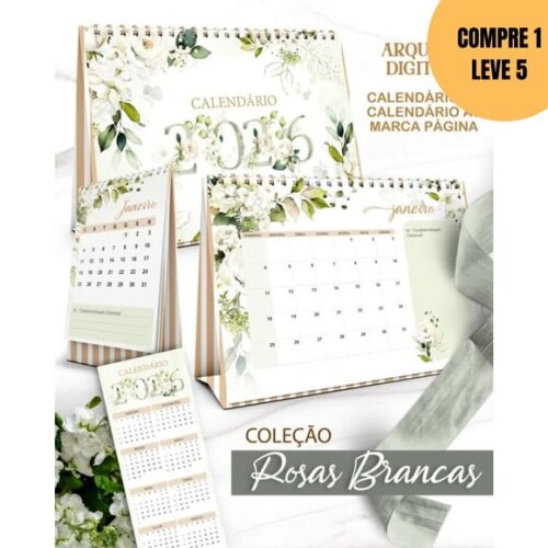 Arquivo Digital Kit Calendários de Mesa 2026 Rosas Brancas