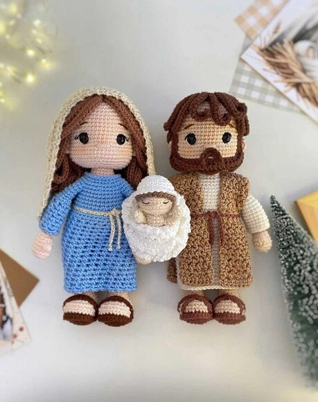 Presépio em Amigurumi Maria, José e Menino Jesus