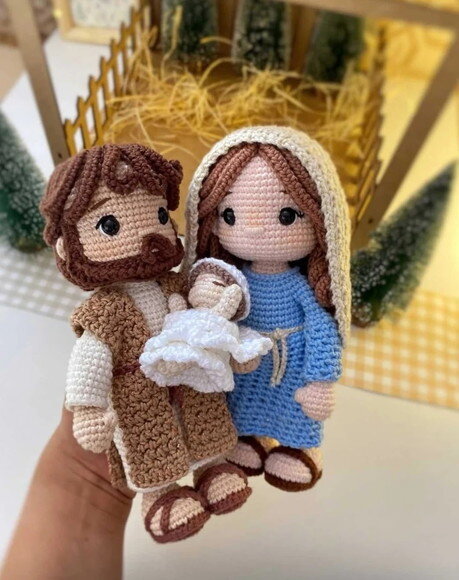 Presépio em Amigurumi Maria, José e Menino Jesus