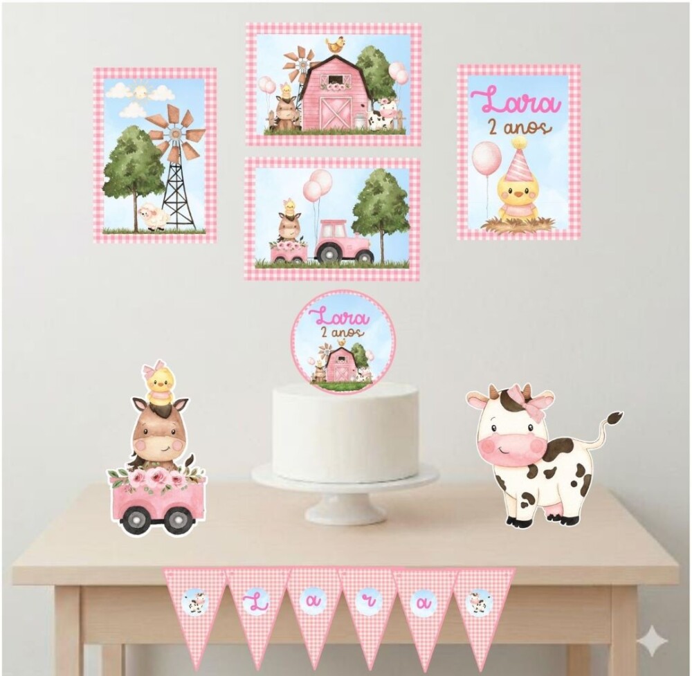 Kit festa só um bolinho Fazendinha Rosa personalizado
