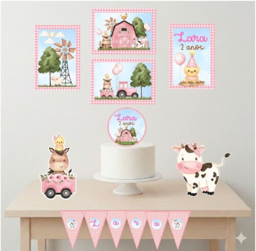 Kit festa só um bolinho Fazendinha Rosa personalizado