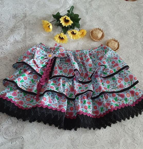 Saia Festa Junina 3 Babados em Tecido Estampado Floral Azul