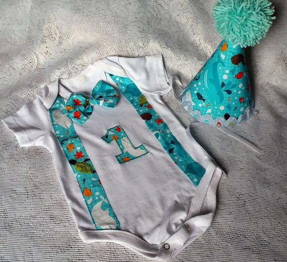 Body Personalizado e Chapéu para Mesversário Fundo do Mar