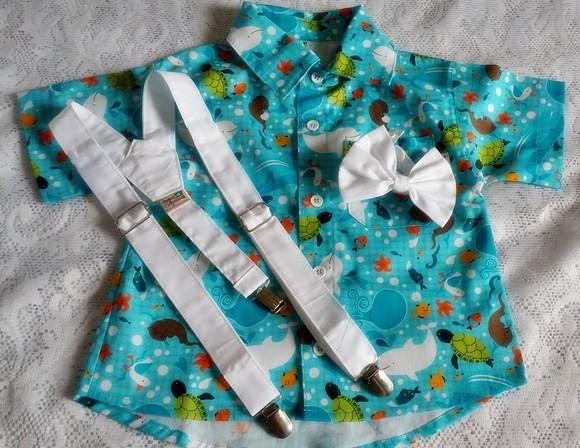 Look Infantil Fundo do Mar com Camisa Gravata e Suspensório