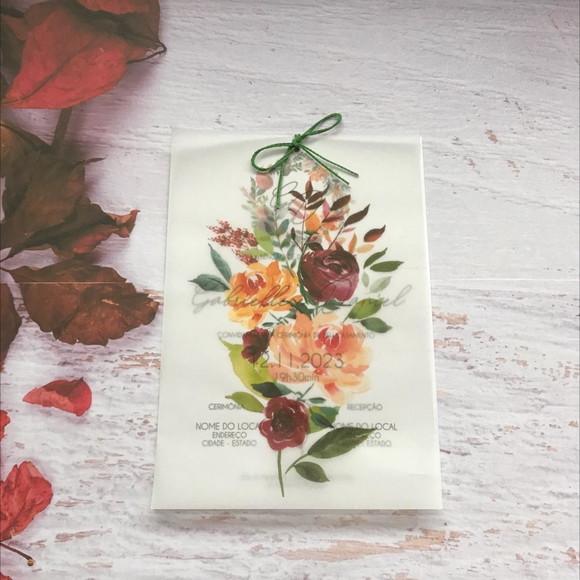 Convite Casamento com Vegetal Floral Páprika/marsala