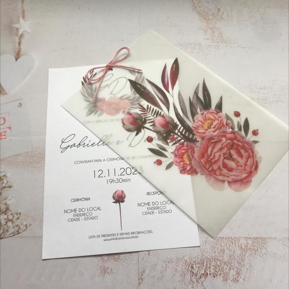 Convite de Casamento com Papel Vegetal e Floral Rosa