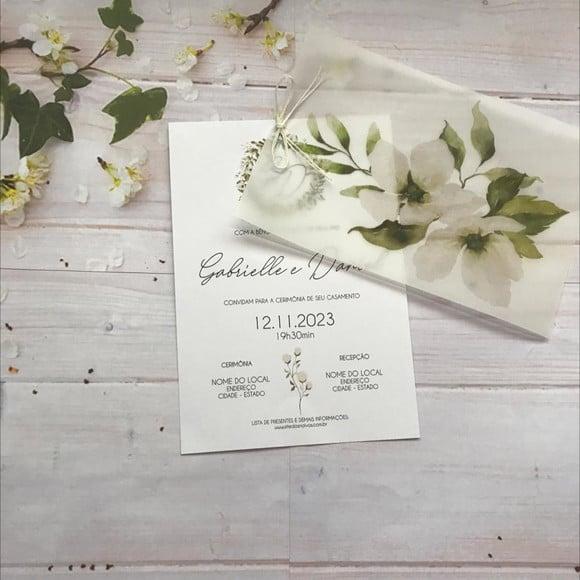 Convite de Casamento Papel Vegetal Floral Branco