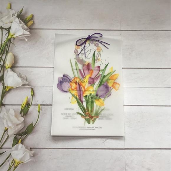 Convite Casamento Papel Vegetal Floral Lilás e Amarelo