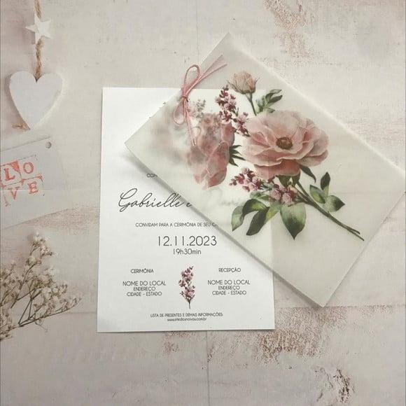 Convite de Casamento Papel Vegetal Floral Rosa