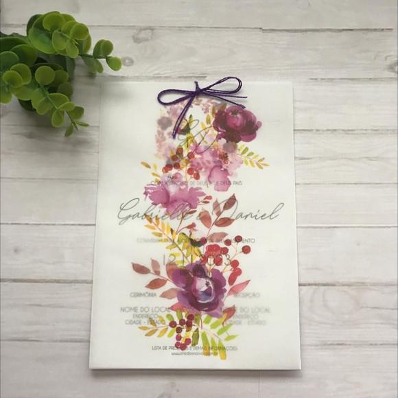 Convite Casamento Papel Vegetal Floral Roxo e Lilás