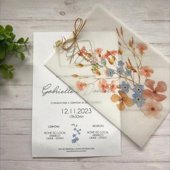 Convite Casamento Papel Vegetal Floral Azul e terracota