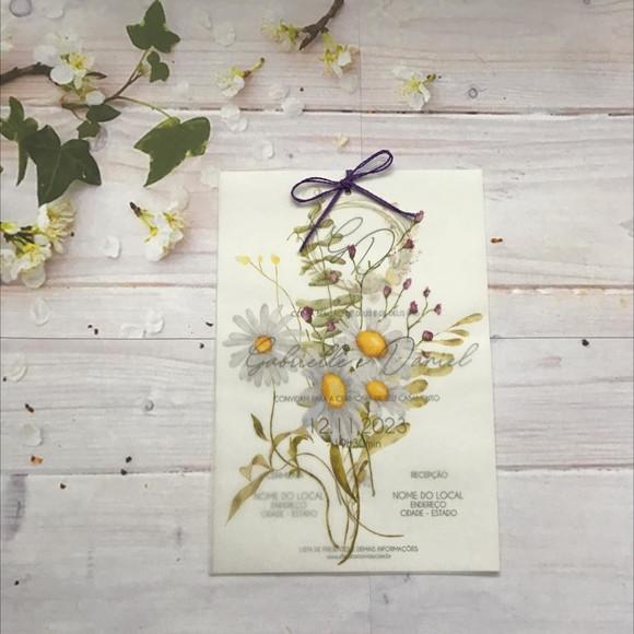 Convite de Casamento Papel Vegetal com Camomila/margaridas