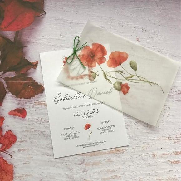 Convite de Casamento Papel Vegetal com Tulipas Vermelhas