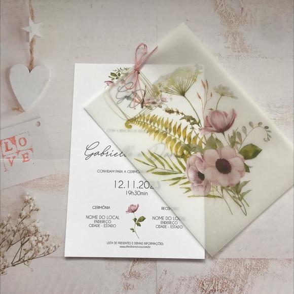 Convite de Casamento Papel Vegetal Floral Lilás
