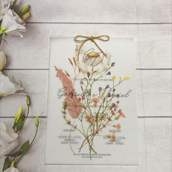 Convite de Casamento Papel Vegetal com Flores do Campo