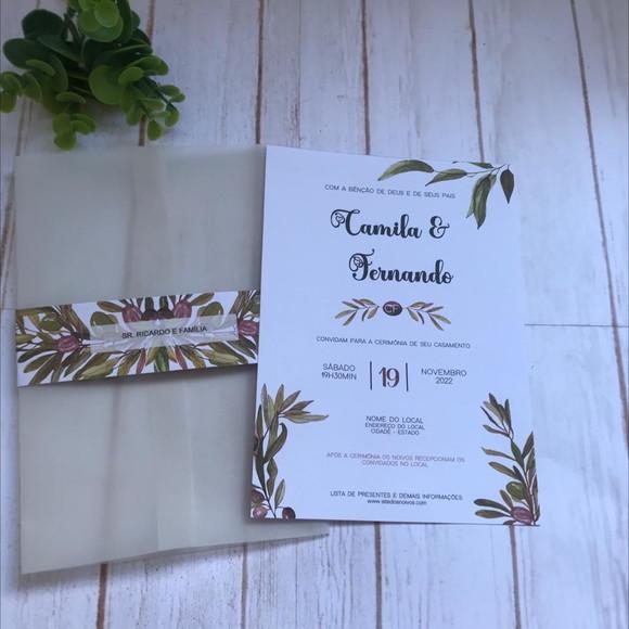 Convite de Casamento Papel Vegetal Folha de Oliveira