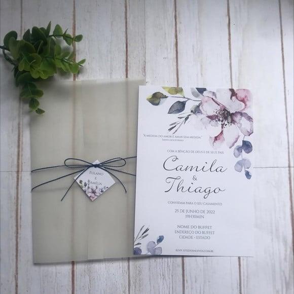 Convite de Casamento Papel Vegetal Floral Lavanda e Rosé