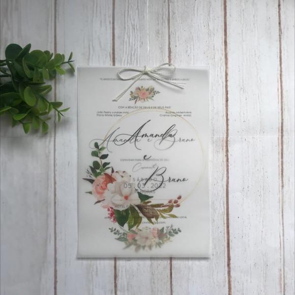 Convite de Casamento Papel Vegetal com Flores de Algodão e Folha