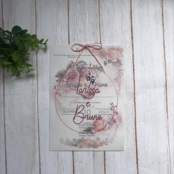 Convite de Casamento Papel Vegetal Floral Rosé