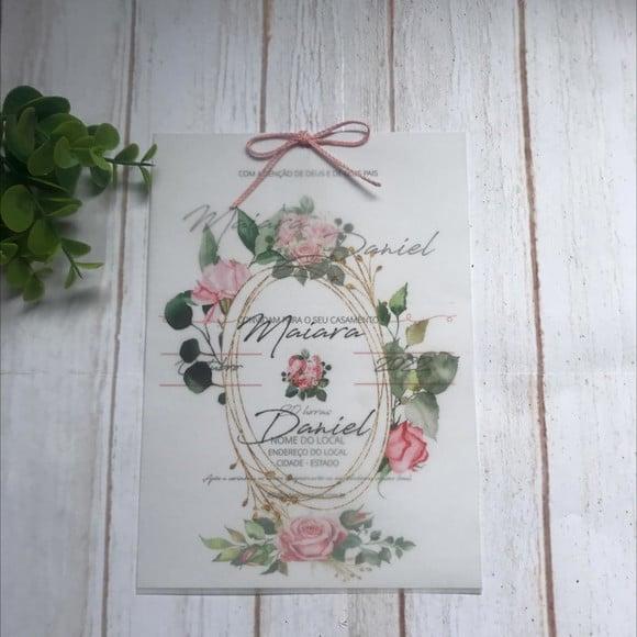 Convite de Casamento Papel Vegetal Floral Rosé com Detalhes Dour