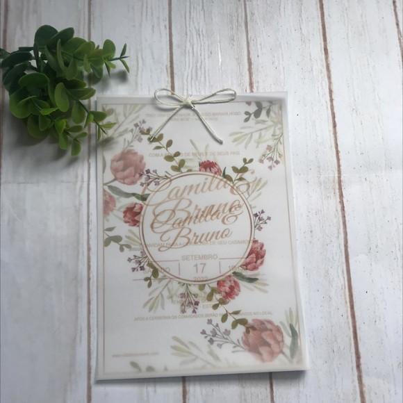 Convite de Casamento Papel Vegetal Floral Rosé e Dourado