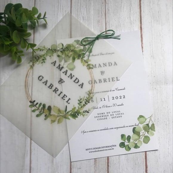 Convite de Casamento Papel Vegetal com Eucalipto e Dourado