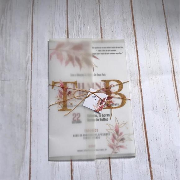 Convite de Casamento Papel Vegetal Folhas Marsala e Dourado